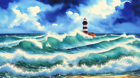 Lighthouse In Stormy Landscape. Waves crashing around lighthouse. Watercolor illustration, AI Generatedの素材