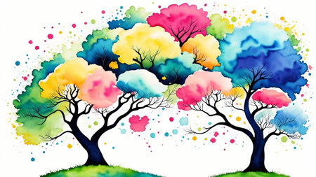 Elegant colorful tree with vibrant leaves hanging branches illustration background. Watercolor illustration, AI Generatedの素材