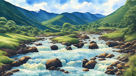 A stormy stream of water in the mountains among green forests. Demonstrates the power and energy of nature. Watercolor illustration, AI Generatedの素材