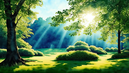 Sun rays penetrating through green leafy branches. A perfect representation of light and shadow in nature. Watercolor illustration, AI Generatedの素材
