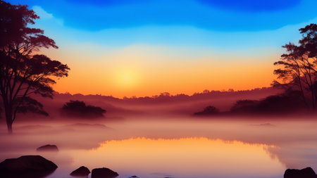 Mysterious fog over a quiet lake at dawn. An image of peace and mystery of nature. Watercolor illustration, AI Generatedの素材