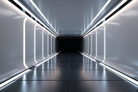 White background 3D room light abstract space technology tunnel stage floor. Empty white future 3D neon background studio futuristic corridor render modern interior silver road black wall design gray.の素材