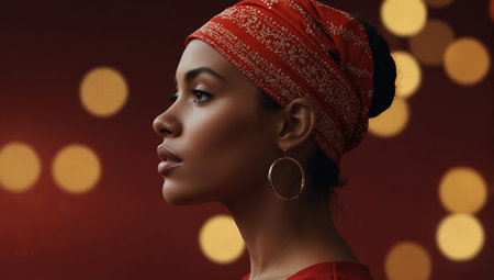 Graphic profile of a woman with a patterned red headwrap and golden hoop earrings against a red background.の素材