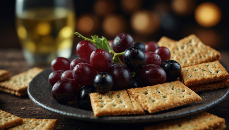 A plate of food with crackers, olives and grapes,.の素材