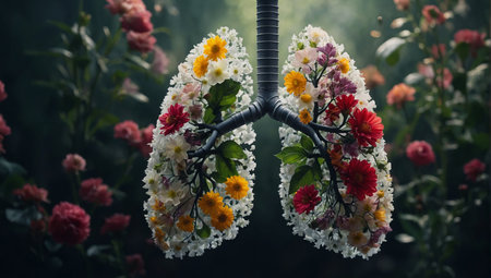 Lungs made from flowers and nature. Air pollution concept.の素材