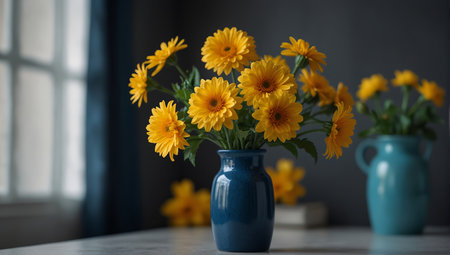 A group of yellow flowers in a blue vase on top of white table,.の素材