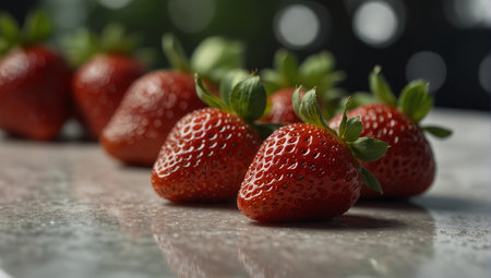 A group of strawberries are lined up on a white surface,.の素材