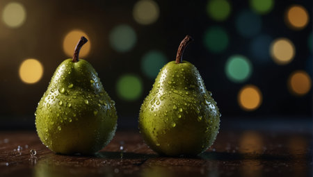 Three pears are sitting on a table with water droplets,.の素材