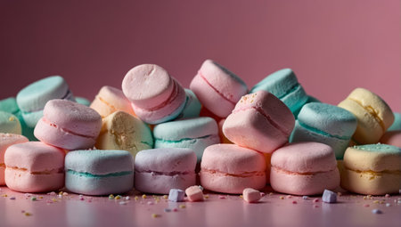 Pastel marshmallows artistically arranged on a pink background evoking a playful and decadent treat perfect for satisfying sweet urges.の素材