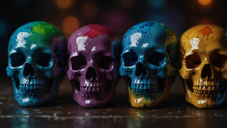 Three painted skulls with colorful paint dripping down their faces,.の素材