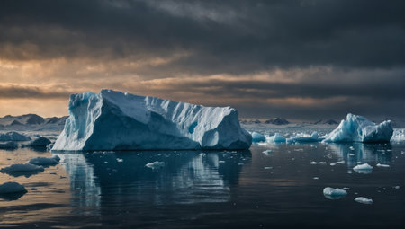 Scientist Analyzing the State of Icebergs, Melted Ice Block, Climate Change Research Trip, Climate Emergency.の素材