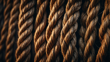 Close up of interwoven natural jute ropes creating textured pattern for rustic backgrounds and sustainable material concept.の素材