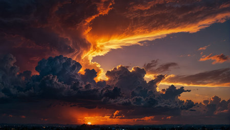 The vibrant backdrop of the colorful sky unfolds with a stunning display of a dramatic sunset blending into twilight hues adorned with wispy clouds.の素材