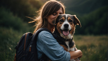 A woman traveler is hugging her dog in her arms while she travel on her summer holiday.の素材
