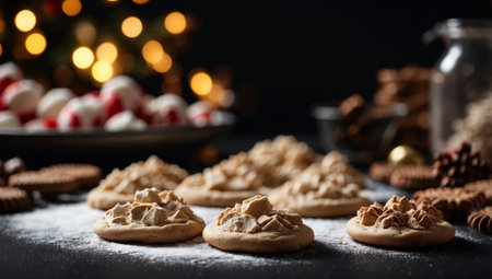 AI Generated. Forms and ingredients for making christmas cookies on a black background with copy spaceの素材