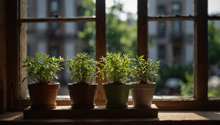 AI Generated. Healthy potted green plants displayed on a well-lit wooden window ledgeの素材
