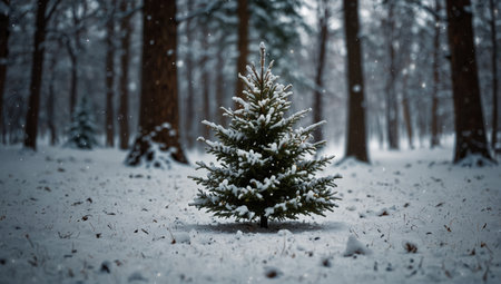 AI Generated. Get lost in the tranquil and magical ambiance of a snow covered Christmas forest This serene background is ideal for capturing the essence of the holiday season Copy space imageの素材