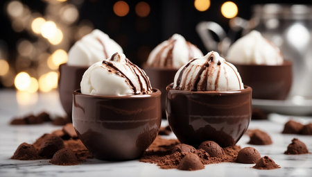 AI Generated. Hot Chocolate bombs on white marble background Black and white holiday themeの素材