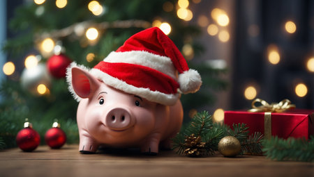 AI Generated. Piggy bank in santa claus christmas hat Gift boxes, spruce branches, and a garlandの素材