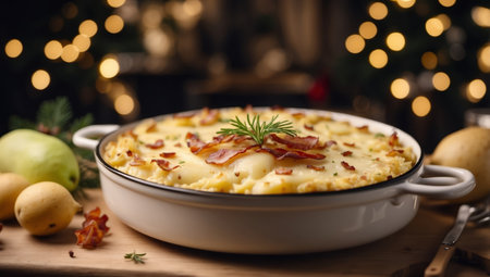 AI Generated. Potato gratin with pear, raclette cheese, and bacon on a festive Christmas table Traditional french cuisineの素材