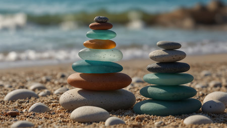 AI Generated. Sea glass zen stones arranged in a balance pyramid on the beach Beautiful azure color sea with blurred seascape background Meditation and Harmony conceptの素材
