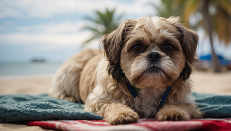 AI Generated. Shih Tzu dog relaxing on beach towel and looking at cameraの素材