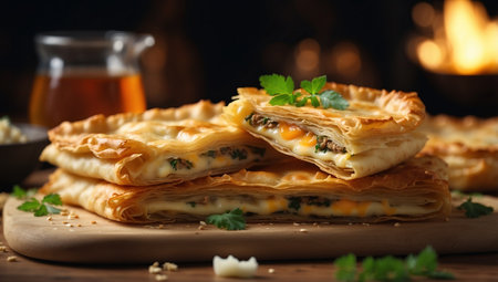 AI Generated. Turkish su boregi, burek or borek, turkish water patty slices with cheese and turkish tea, traditional turkish stuffed filo dough cheesy pastry foodの素材