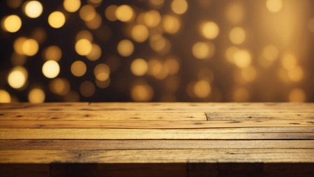 AI Generated. Wood table top on shiny bokeh gold background, vintage tone - can be used for display or montage your productsの素材