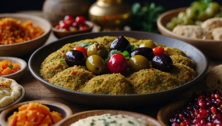 AI Generated. Arabic traditional cuisine Middle Eastern meze with pita, olives, colorful hummus, falafel, stuffed dolma, babaganush, pickles, vegetables, pomegranate, eggplantsの素材