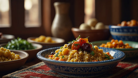 AI Generated. assorted of moroccan cuisine, couscous, tajine and saladの素材