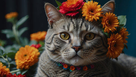 AI Generated. Calavera cat Day of the death Dia de los muertos cat with sugar skull mask head with colorful flower wreathの素材