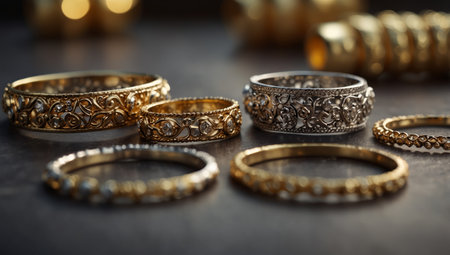 AI Generated. delicate gold and silver jewelry, including bracelets, necklaces, rings, earrings, and other accessories on an elegant table with soft lightingの素材