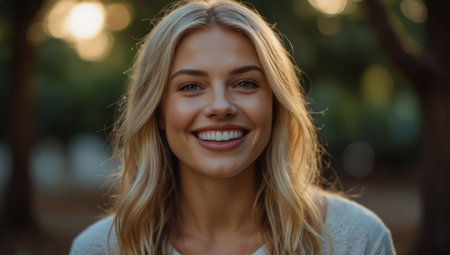 AI Generated. Cute natural blonde woman smiling with perfect white teeth and glowing skinの素材