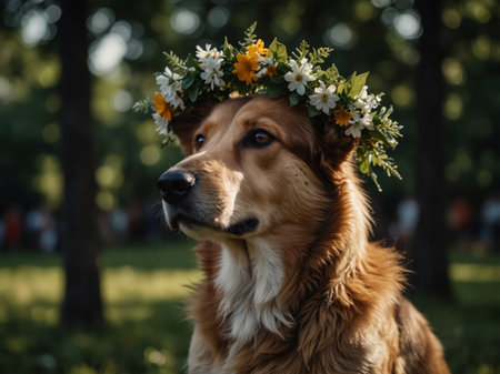 AI Generated. Dog with a traditional floral wreath to the Midsummer Festival in Swedenの素材