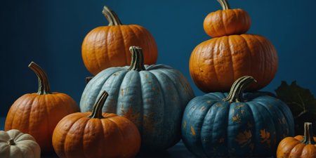 AI Generated. Different decorative pumpkins on blue backgroundの素材