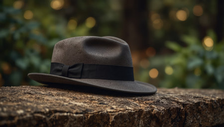 AI Generated. Elegant Fedora and Vintage Bowler Resting on Rustic Ledgeの素材