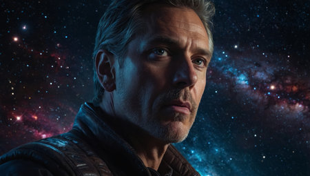 AI Generated. cosmic expanse, a man reflects on the boundless beauty of the galaxy, his eyes filled with a mix of curiosity and introspectionの素材