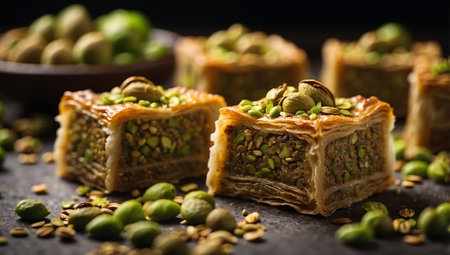 AI Generated. Eastern sweets with pistachios baklava with green pistachios onの素材