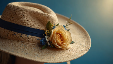AI Generated. Elegant Beige Sun Hat with Floral Accent on Blue Gradient Backgroundの素材