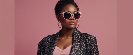 AI Generated. Fashion, beauty and mockup with a black woman in glasses on a pink background in studio for advertising and marketing Style, edgy and trendy with an attractive female posing with cool sunglassesの素材