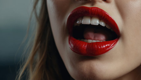 AI Generated. female open mouth with red lips close-upの素材