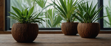 AI Generated. Green plant in coconut shell planter on wooden tableの素材