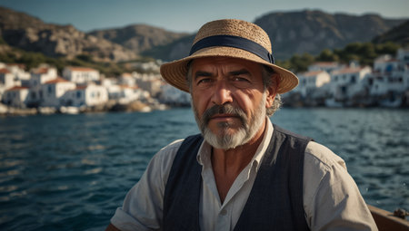 AI Generated. Greek fisherman in his traditional hat and vest, on his boat with the blue Sea in the backgroundの素材
