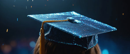 AI Generated. Hologram graduation Holographic projection of the graduate's cap Flickering energy flux of particles Scientific design educationの素材