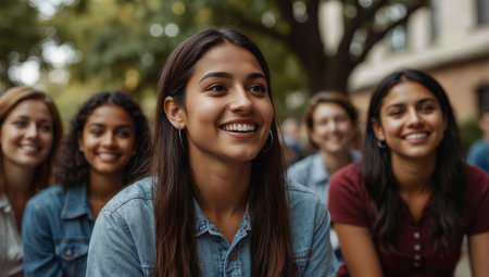 AI Generated. Happy diverse college friends listening to indian female teammateの素材