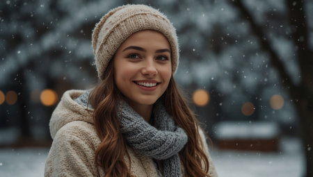 AI Generated. Happy young woman wearing winter clothesの素材