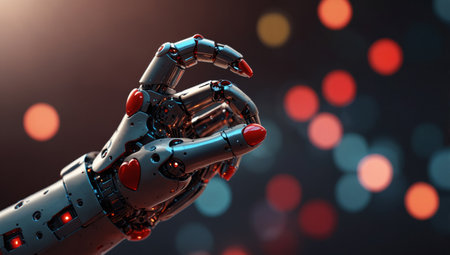AI Generated. humanoid robot hand pointing with finger to a shiny red heart, concept of digital valentine's day, futuristic way of romanceの素材