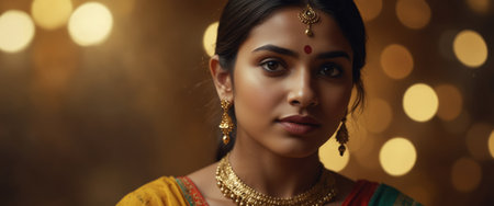 AI Generated. Illustration of beautiful Indian woman in traditional clothes on golden backgroundの素材