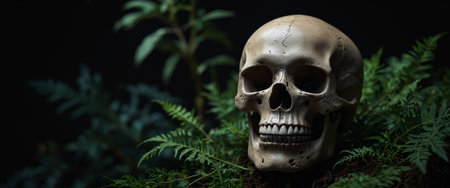 AI Generated. Illustration of skull with plant ornament on black backgroundの素材