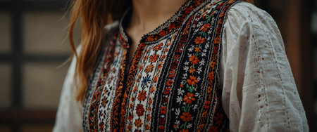 AI Generated. Illustrative, editorial photo of romanian Traditional blouse - textures and traditional motifs, vintage texturesの素材